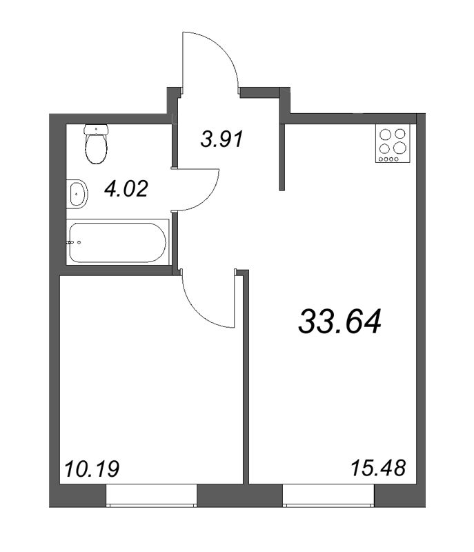 2-комнатная (Евро) квартира, 33.64 м² - планировка, фото №1