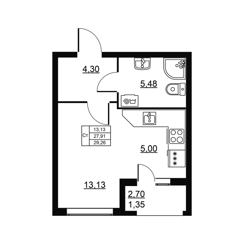 Квартира-студия, 29.26 м² в ЖК "Высота. Новодевяткино" - планировка, фото №1