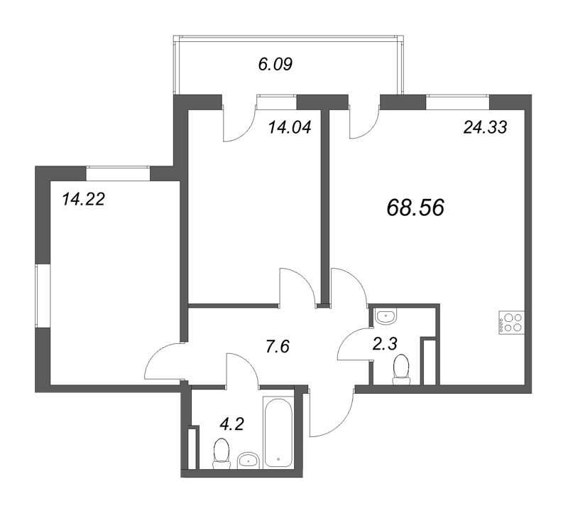 3-комнатная (Евро) квартира, 68.56 м² в ЖК "Новая история" - планировка, фото №1