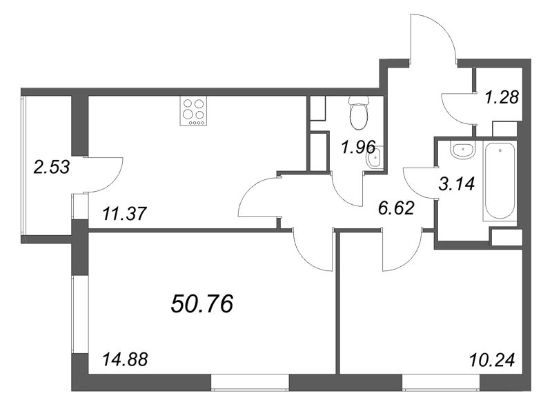 2-комнатная квартира, 50.76 м² в ЖК "Кинопарк" - планировка, фото №1
