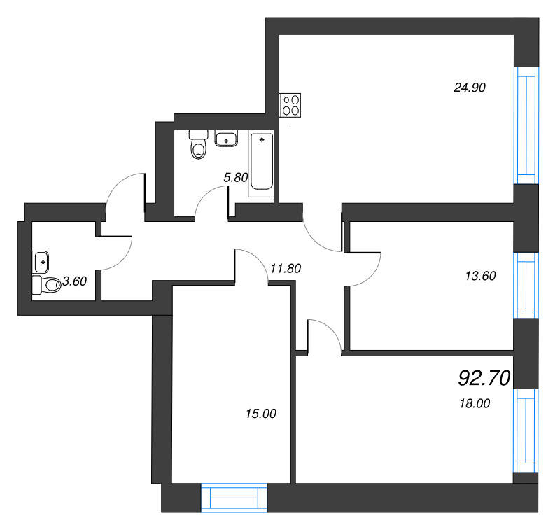 3-комнатная квартира, 92.7 м² в ЖК "Листва" - планировка, фото №1