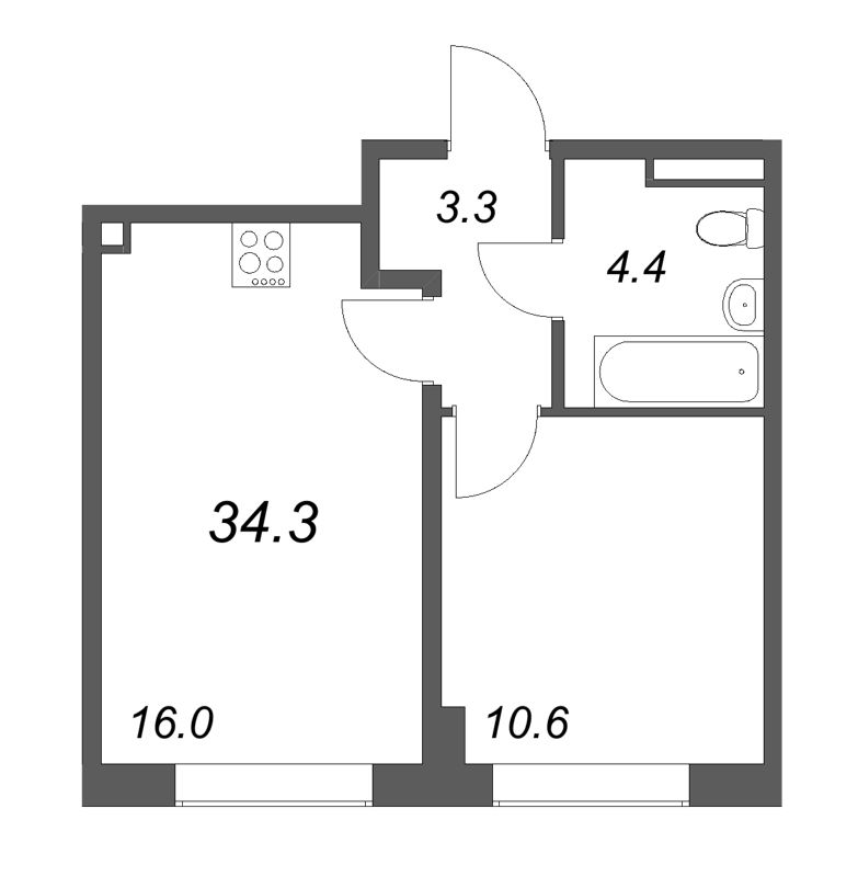 2-комнатная (Евро) квартира, 34.3 м² в ЖК "Пулково Лейк" - планировка, фото №1