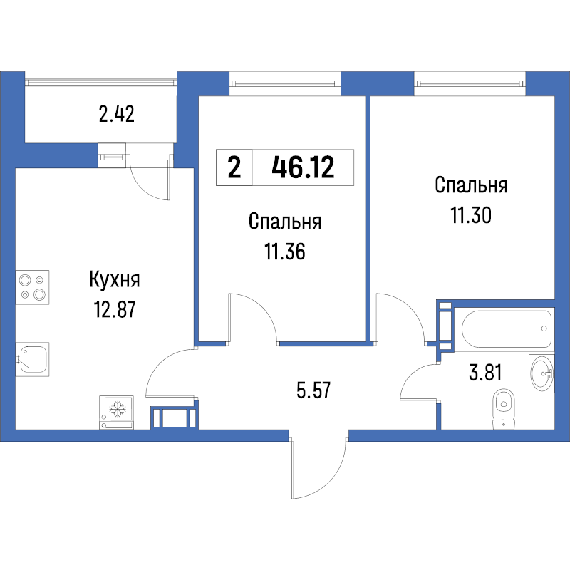 2-комнатная квартира, 46.12 м² в ЖК "Урбанист" - планировка, фото №1