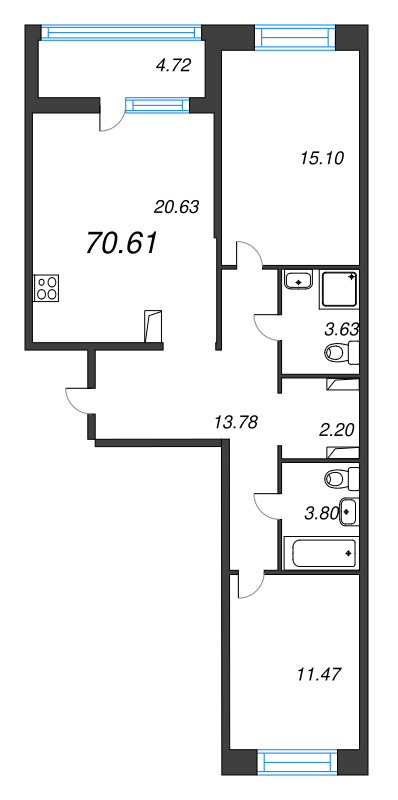 3-комнатная (Евро) квартира, 70.61 м² в ЖК "Ultra City 3.0" - планировка, фото №1