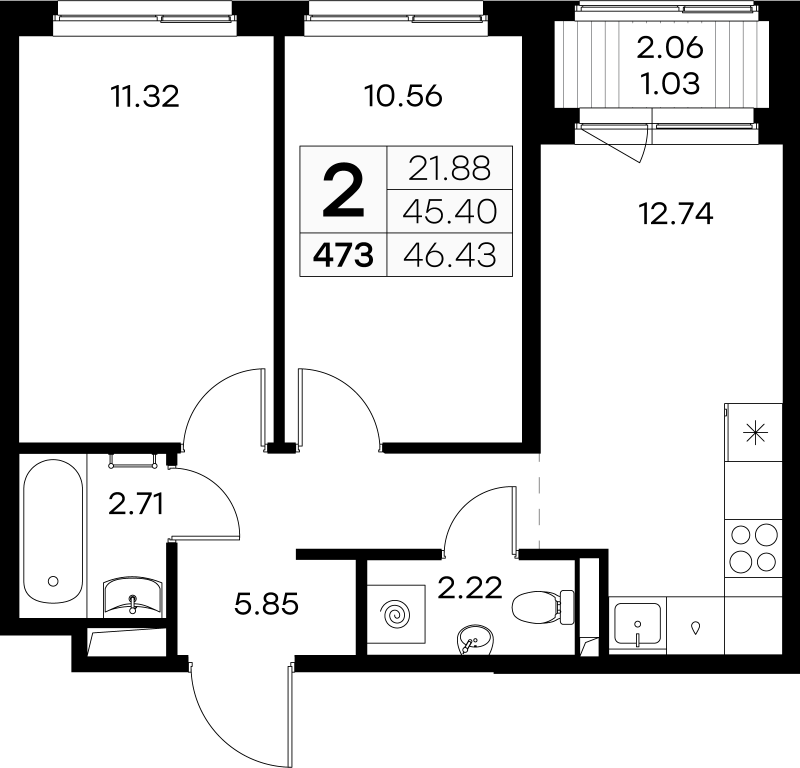 2-комнатная квартира, 46.43 м² - планировка, фото №1