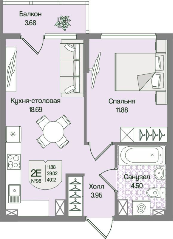 2-комнатная (Евро) квартира, 40.12 м² в ЖК "Охтинские высоты" - планировка, фото №1