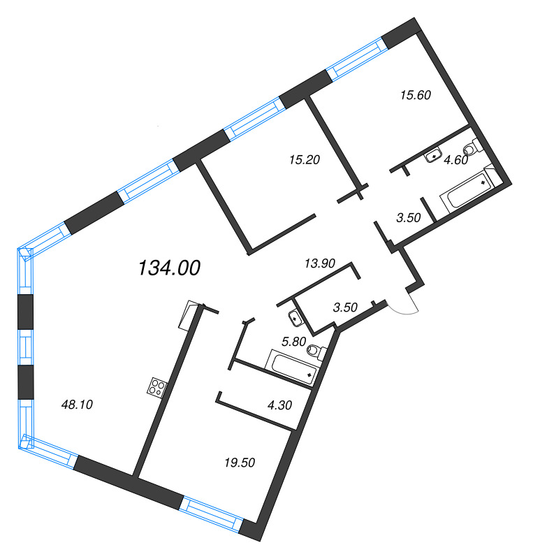 4-комнатная (Евро) квартира, 134 м² - планировка, фото №1