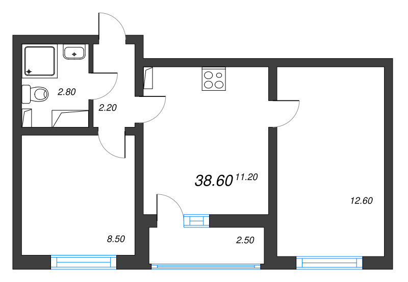 2-комнатная квартира, 38.6 м² в ЖК "Цветной город" - планировка, фото №1