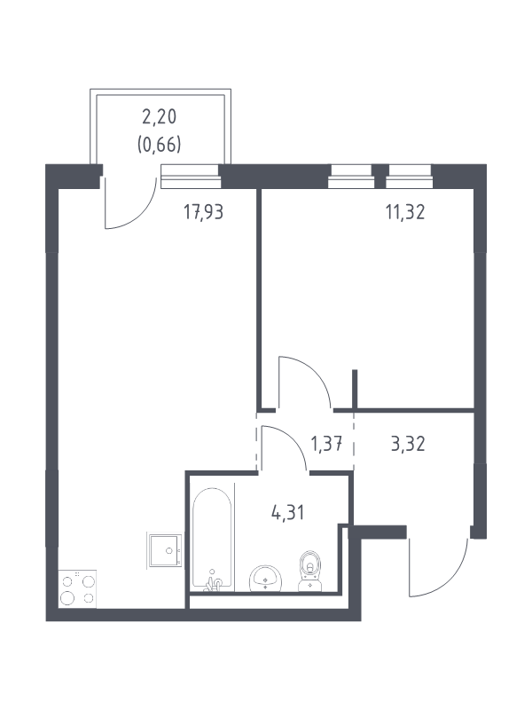 2-комнатная (Евро) квартира, 38.91 м² в ЖК "Невская Долина" - планировка, фото №1