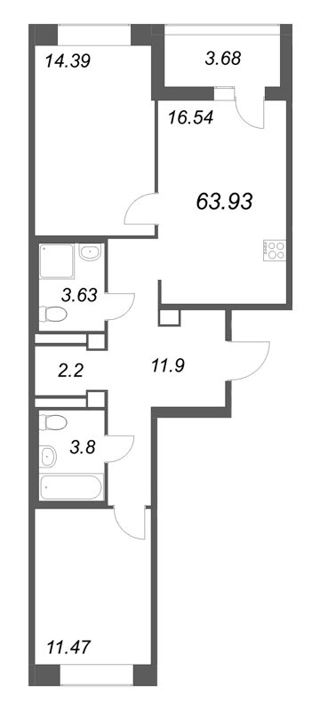 3-комнатная (Евро) квартира, 63.93 м² в ЖК "Ультра Сити 3.0" - планировка, фото №1