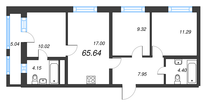 4-комнатная (Евро) квартира, 65.64 м² в ЖК "Старлайт" - планировка, фото №1