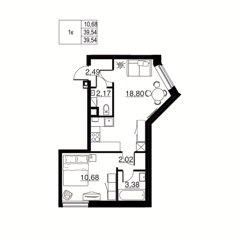 2-комнатная (Евро) квартира, 39.54 м² в ЖК "Соло. Петергоф" - планировка, фото №1
