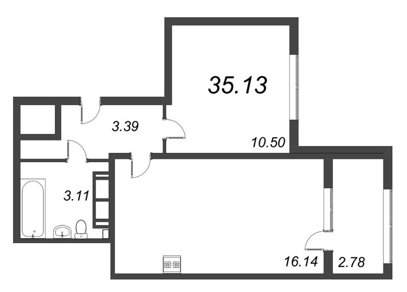 2-комнатная (Евро) квартира, 35.13 м² - планировка, фото №1