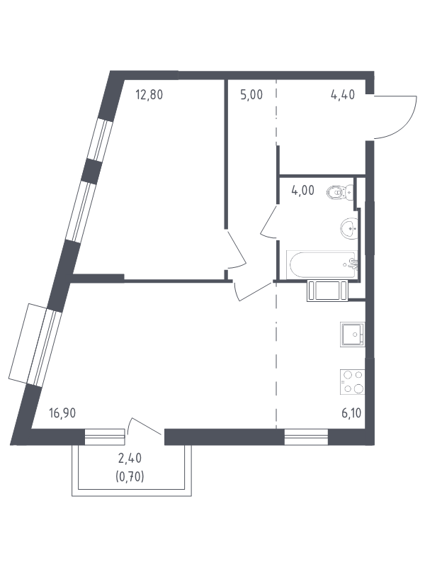 2-комнатная (Евро) квартира, 49.9 м² - планировка, фото №1