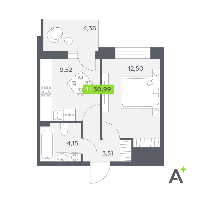 1-комнатная квартира, 30.99 м² в ЖК "Аквилон РекаПарк" - планировка, фото №1