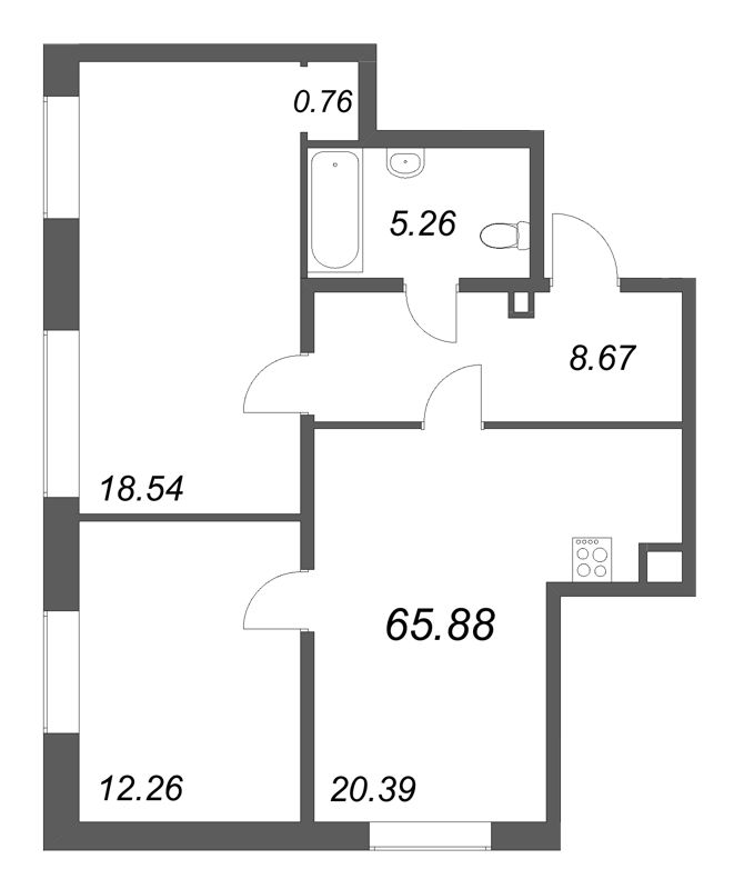 3-комнатная (Евро) квартира, 65.88 м² в ЖК "Соло. Петергоф" - планировка, фото №1