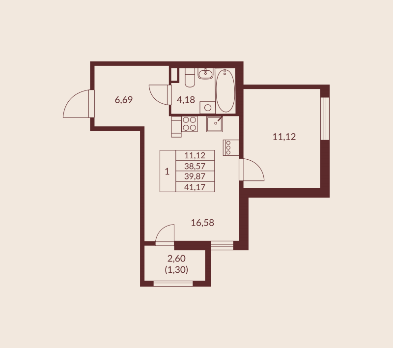 2-комнатная (Евро) квартира, 39.87 м² в ЖК "Амурино" - планировка, фото №1