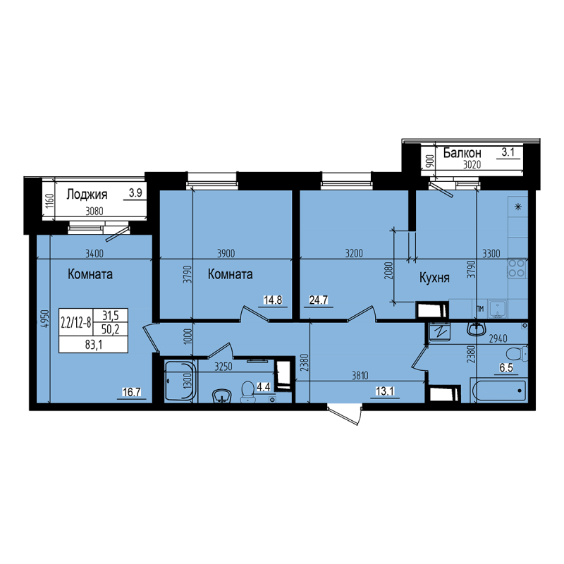 3-комнатная (Евро) квартира, 83.1 м² - планировка, фото №1