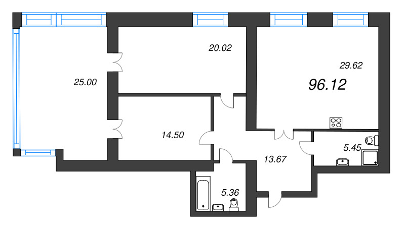 2-комнатная квартира, 96.2 м² в ЖК "Листва" - планировка, фото №1