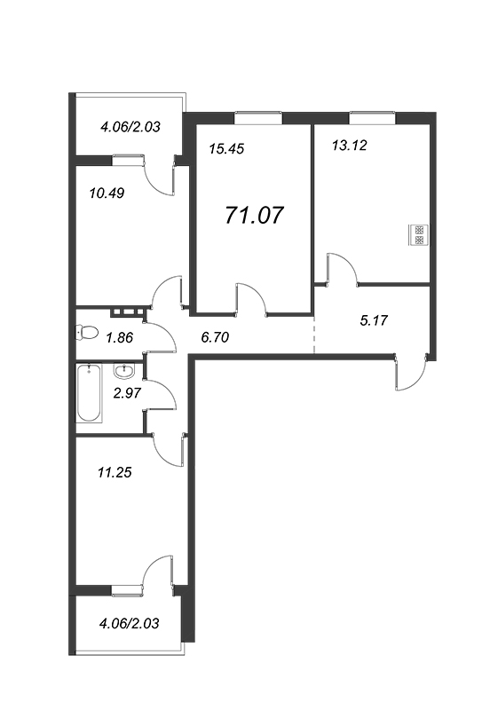 3-комнатная квартира, 67.01 м² в ЖК "Юттери" - планировка, фото №1