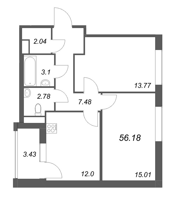 2-комнатная квартира, 56.18 м² в ЖК "Дом на Курской" - планировка, фото №1