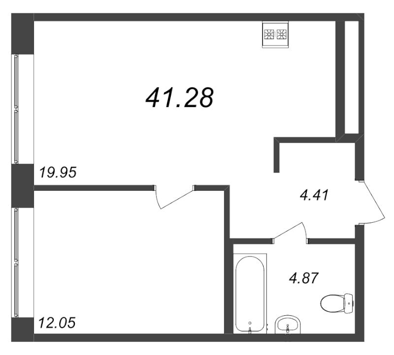 2-комнатная (Евро) квартира, 41.28 м² в ЖК "ID Kudrovo" - планировка, фото №1