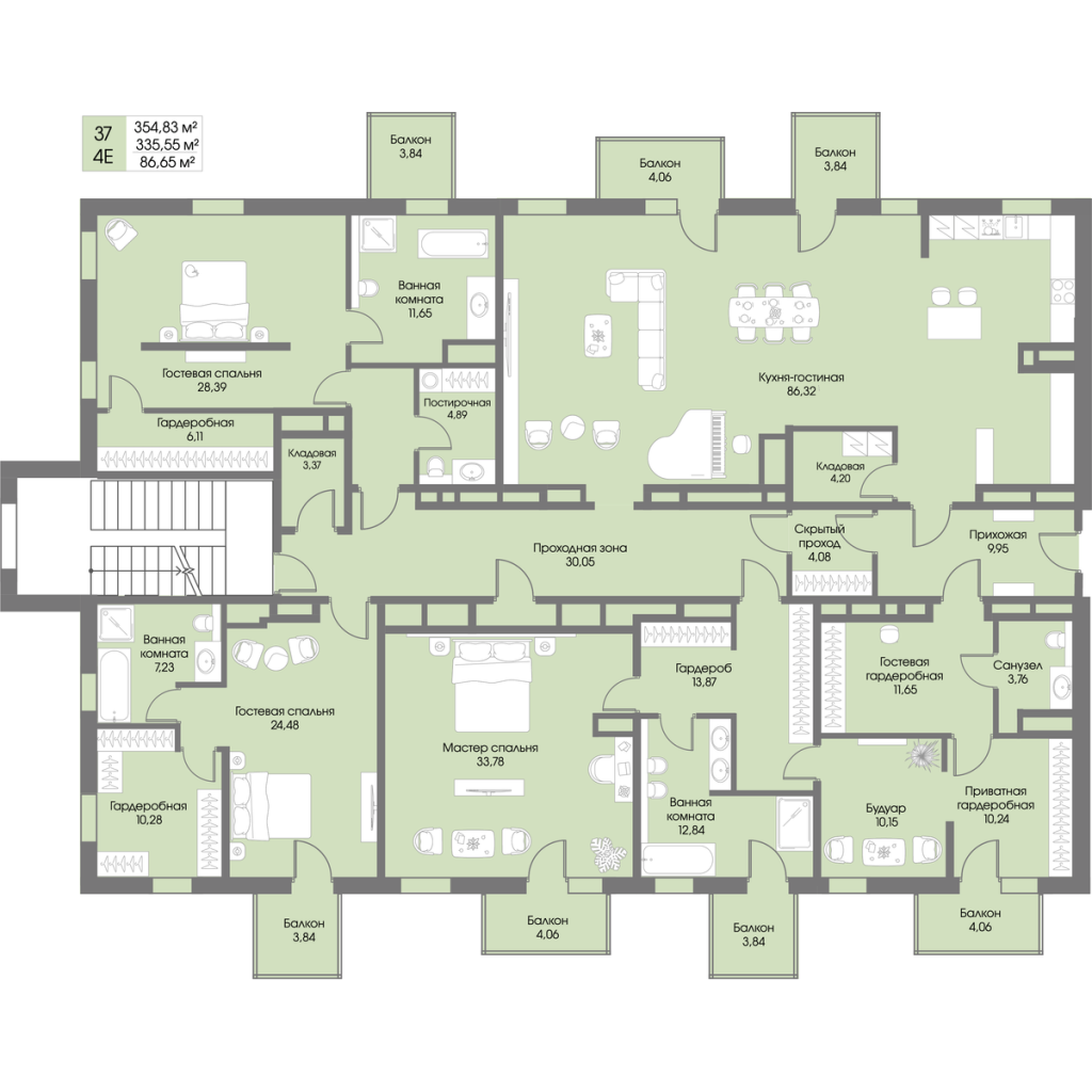 4-комнатная (Евро) квартира, 335.55 м² в ЖК "Рощино Residence" - планировка, фото №1