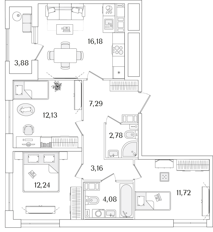 4-комнатная (Евро) квартира, 71.52 м² в ЖК "Гранат" - планировка, фото №1