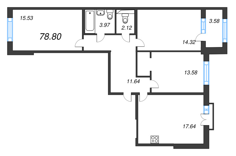 4-комнатная (Евро) квартира, 78.8 м² в ЖК "Дубровский" - планировка, фото №1