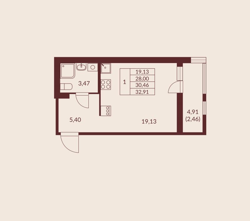 Квартира-студия, 30.46 м² в ЖК "Амурино" - планировка, фото №1