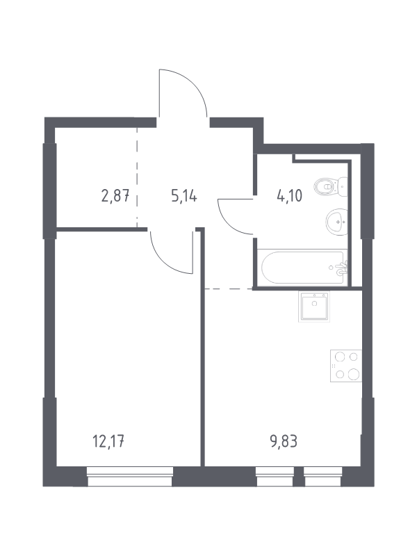 1-комнатная квартира, 34.11 м² - планировка, фото №1