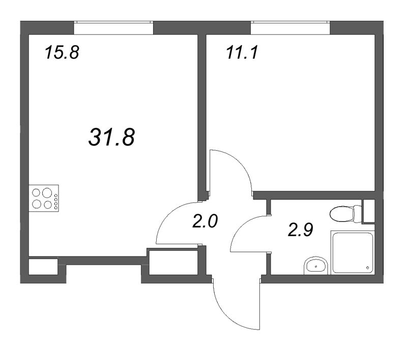 2-комнатная (Евро) квартира, 31.8 м² в ЖК "ЛСР. Ржевский парк" - планировка, фото №1