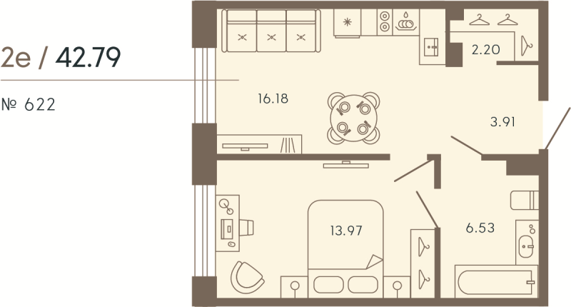 2-комнатная (Евро) квартира, 42.79 м² в ЖК "17/33 Петровский остров" - планировка, фото №1