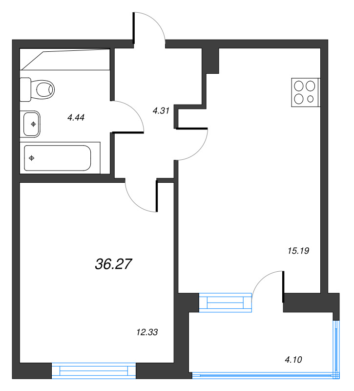 2-комнатная (Евро) квартира, 36.27 м² в ЖК "ЮгТаун" - планировка, фото №1