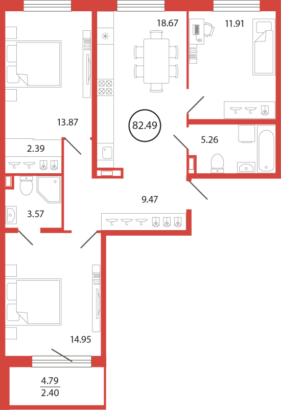 4-комнатная (Евро) квартира, 82.49 м² в ЖК "Энфилд" - планировка, фото №1