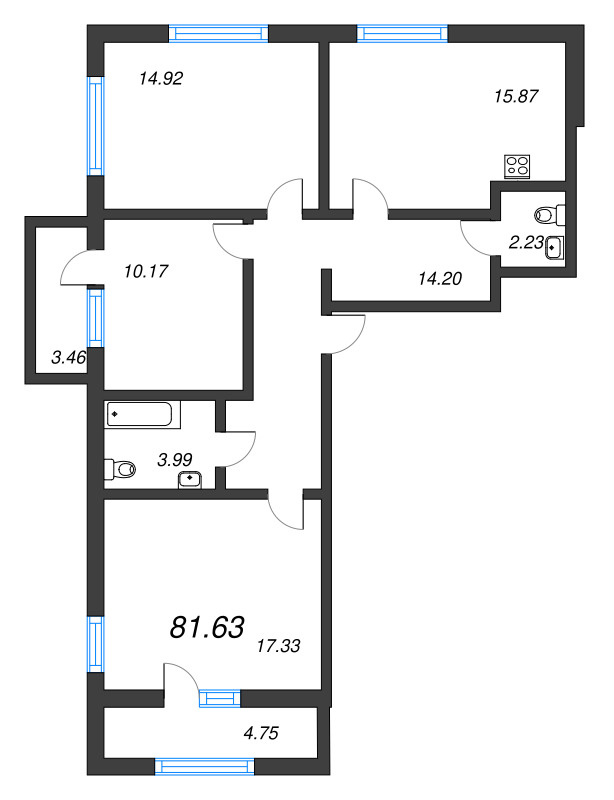 3-комнатная квартира, 81.63 м² - планировка, фото №1