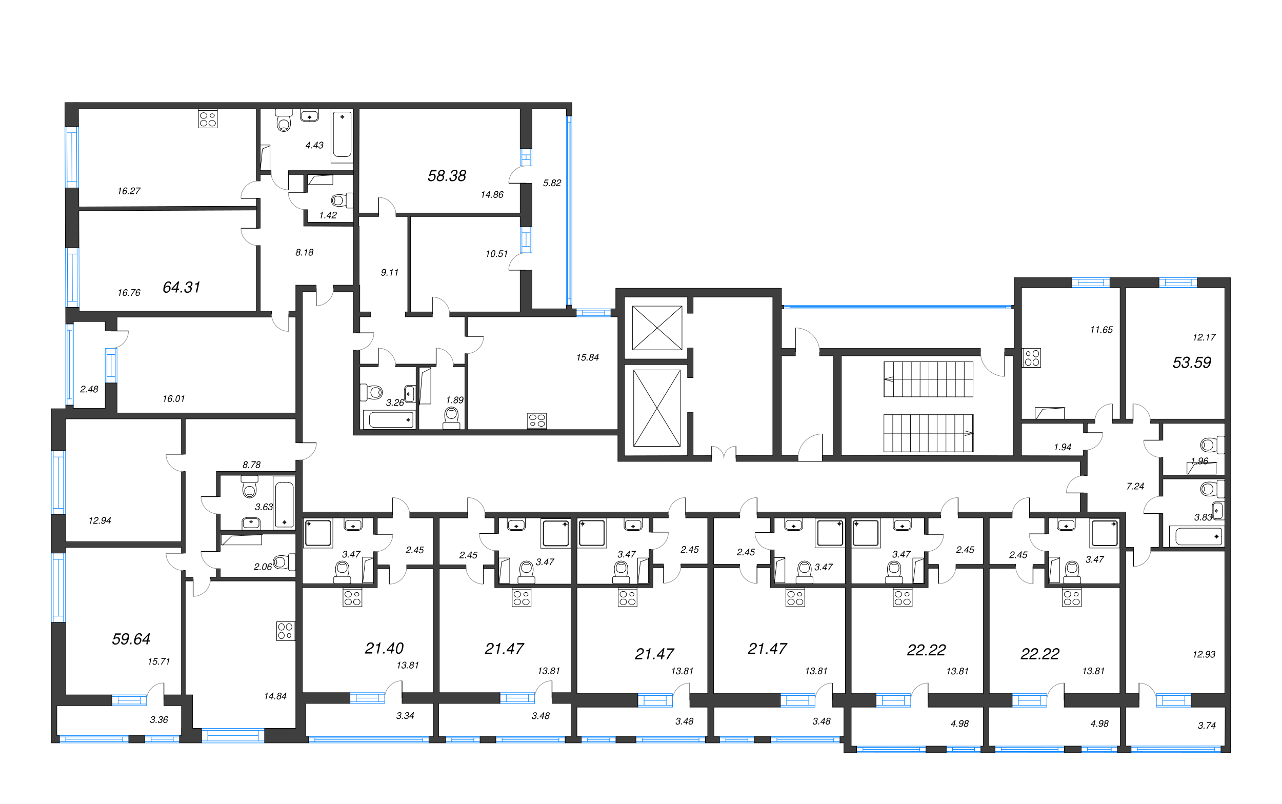 3-комнатная (Евро) квартира, 58.38 м² - планировка этажа