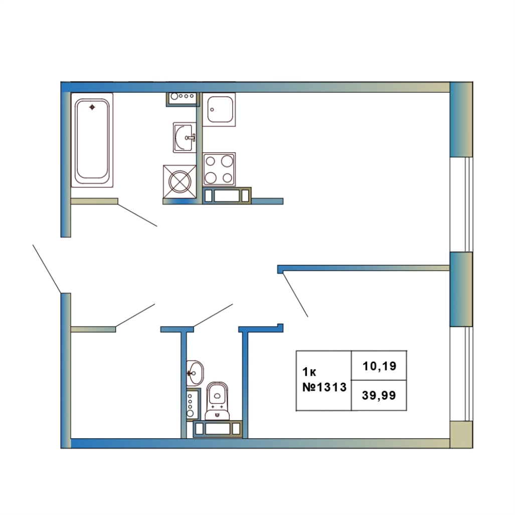 1-комнатная квартира, 39.99 м² в ЖК "Атмосфера Выборга" - планировка, фото №1
