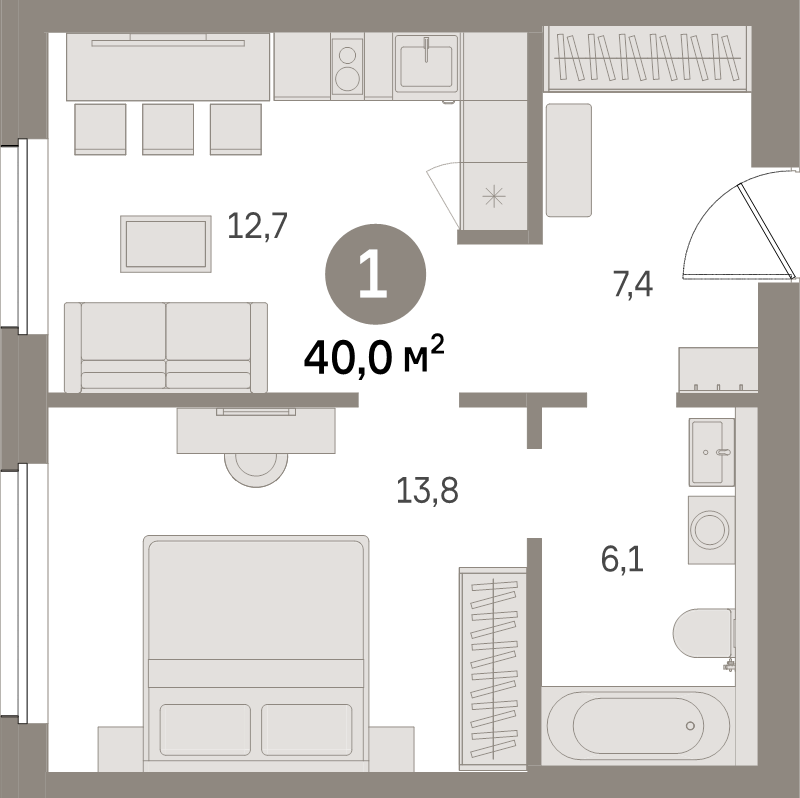 1-комнатная квартира, 40 м² в ЖК "Северный ветер" - планировка, фото №1