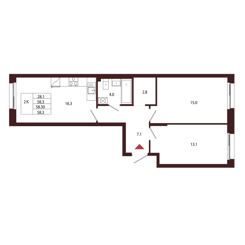 3-комнатная (Евро) квартира, 58.3 м² в ЖК "Лисино" - планировка, фото №1