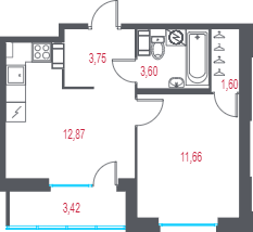 1-комнатная квартира, 35.19 м² - планировка, фото №1