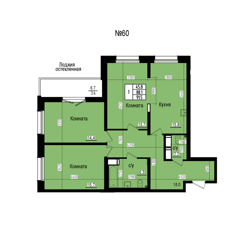 4-комнатная (Евро) квартира, 91.5 м² в ЖК "ПРАГМА СИТИ" - планировка, фото №1