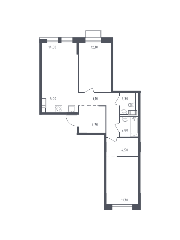 3-комнатная (Евро) квартира, 65.2 м² - планировка, фото №1