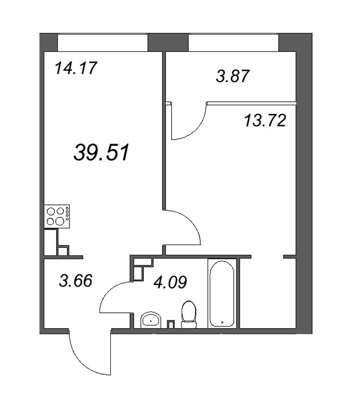 1-комнатная квартира, 39.51 м² - планировка, фото №1