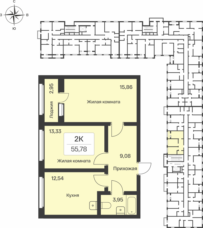 2-комнатная квартира, 55.78 м² в ЖК "Расцветай в Янино" - планировка, фото №1