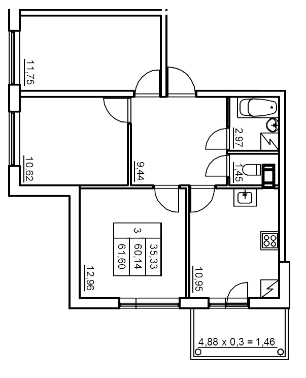 3-комнатная квартира, 62.39 м² в ЖК "Панорама Юкки" - планировка, фото №1