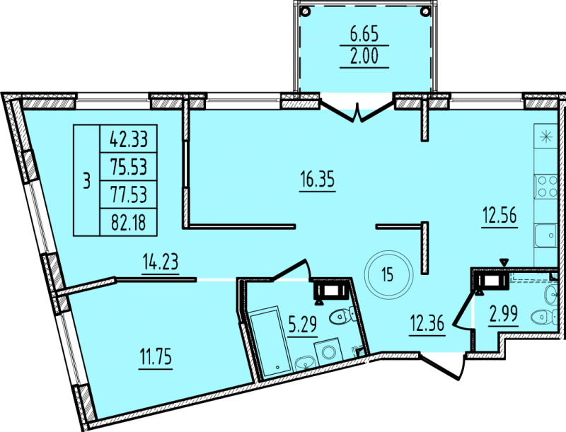 3-комнатная (Евро) квартира, 75.53 м² - планировка, фото №1