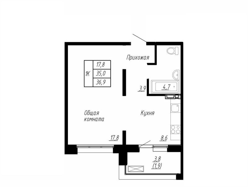 1-комнатная квартира, 36.9 м² в ЖК "Сибирь" - планировка, фото №1