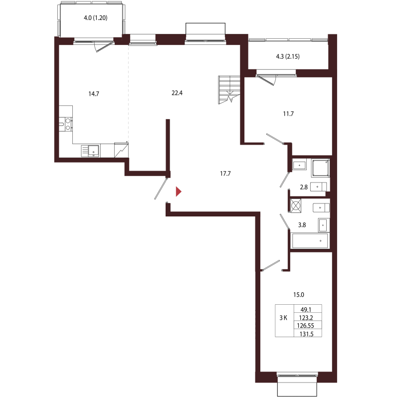 3-комнатная квартира, 126.55 м² в ЖК "Лисино" - планировка, фото №1