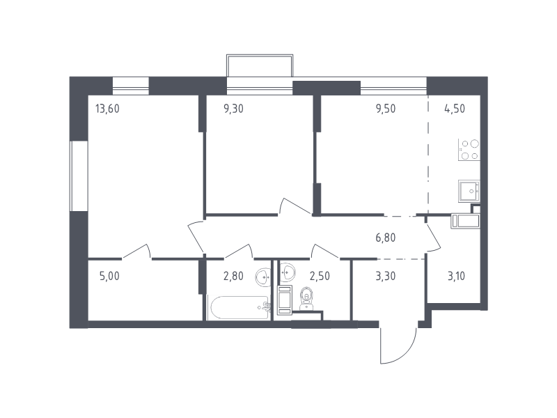 2-комнатная квартира, 60.4 м² - планировка, фото №1